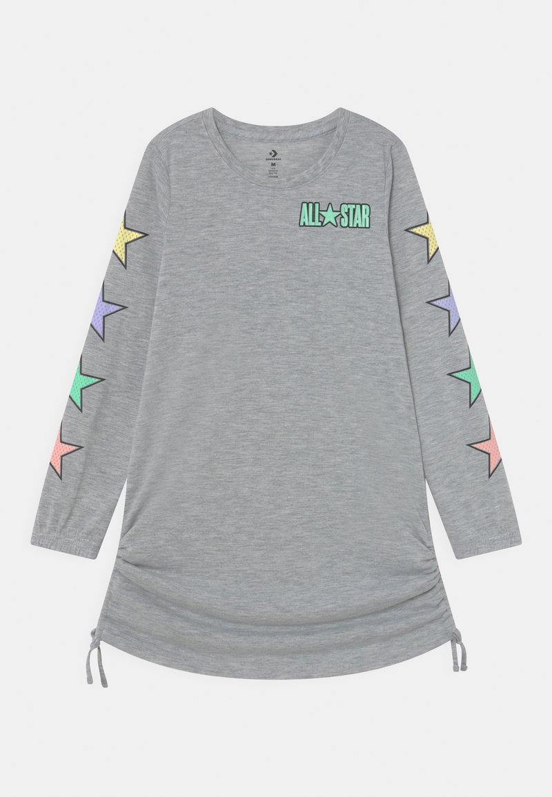 Szara koszulka z długim rękawem i okrągłym dekoltem, z nadrukiem "ALL STAR" oraz wielokolorowymi gwiazdkami wzdłuż rękawów. Dół ze sznurkiem do regulacji.