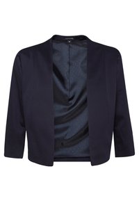 Marineblazer met driekwart mouwen, open voorkant en een textuurinterieur met een subtiele stippenpatroon.