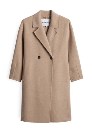 Beige wool-blend long coat with wide lapels, two black buttons, and side pockets, labeled "someday" inside collar.