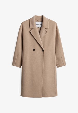 Beige Wollmischung Langmantel mit breiten Revers, zwei schwarzen Knöpfen und seitlichen Taschen, innen am Kragen mit dem Etikett "irgendwann".