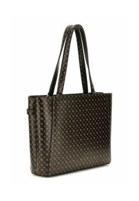 Borsa tote nera con un motivo geometrico marrone, realizzata in materiale sintetico, con strap lunghe e una forma rettangolare strutturata.