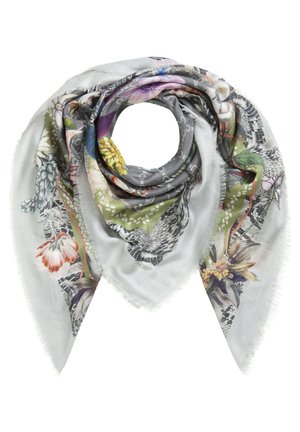 Foulard carré avec base grise douce, motifs floraux et d’oiseaux en violet, vert, jaune et orange, avec des bords effilochés.