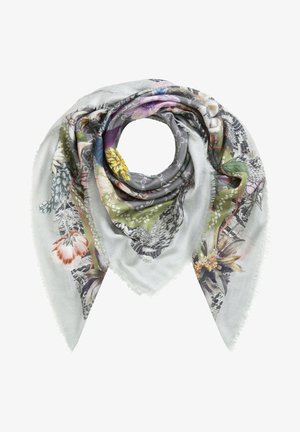 Kwadratowa chusta z miękkim szarym tłem, z kwiatowymi i ptasimi wzorami w kolorach fioletowym, zielonym, żółtym i pomarańczowym, z postrzępionymi krawędziami.