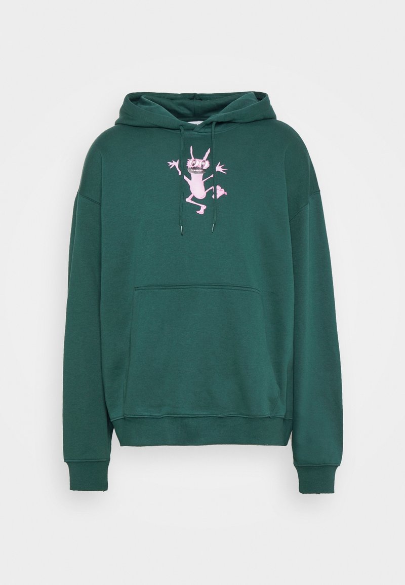 Sweat à capuche vert foncé avec poche avant et un petit personnage de dessin animé rose clair aux bras et jambes levés sur la poitrine.