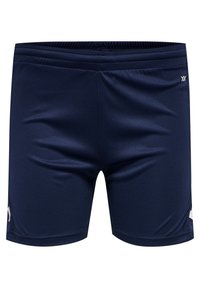 Navy blue athletic shorts with elastic waistband and subtle logo on right thigh, designed for sports or casual wear.