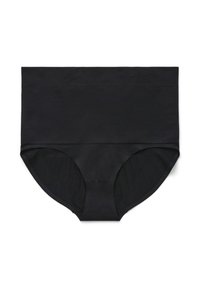 Slip bikini nero a vita alta realizzato in tessuto liscio, con design senza cuciture e una morbida vita e aperture per le gambe.