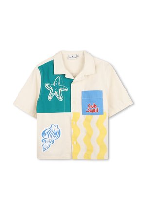 Kortærmet skjorte med knapper med cremefarvede, blågrønne og gule felter, søstjerne- og muslingetryk og en blå lomme med mærket "Club Soleil."