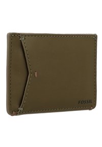 Olijfgroene leren portemonnee, slank ontwerp, met contrasterende stiksel, een zijvak en het reliëf "FOSSIL" logo in de rechterbenedenhoek.