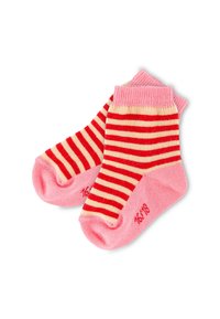 Gestreifte Socken mit roten und gelben Streifen auf einem rosa Grund und Rippbund. Designed für Komfort, geeignet für den legeren Trage.
