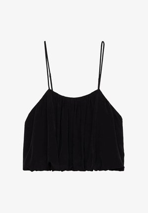 Zwarte cropped top met dunne schouderbanden, met een geplooid textuur en een losse pasvorm. Gemaakt van lichte stof zonder zichtbare hardware.