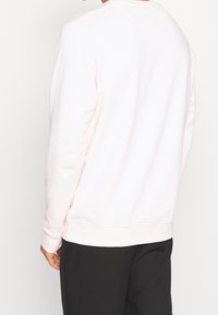 Felpa rosa chiaro con scollo rotondo, polsini a costine, texture morbida e vestibilità rilassata. Indossata con pantaloni scuri, inquadratura della parte posteriore.