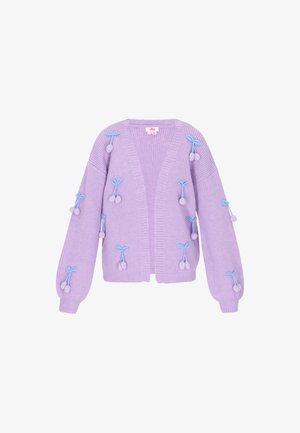 Levanda színű, kötött kardigán, puffujjúval, kék masnival és pom-pom díszítésekkel. Nyitott elülső rész, ribbelt textúrával az egész anyagon.