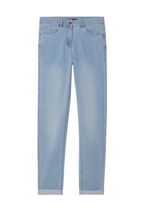 Helles blaues Denim-Jeans mit klassischem Fünf-Taschen-Design, dezenten Nähten und geradem Schnitt mit Saumumschlägen.