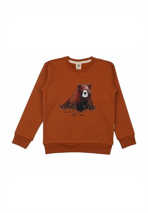 Oranges Sweatshirt mit langen Ärmeln und gerippten Bündchen. Auf der Vorderseite befindet sich eine Grafik eines Bären zwischen Gras und Farbspritzern.
