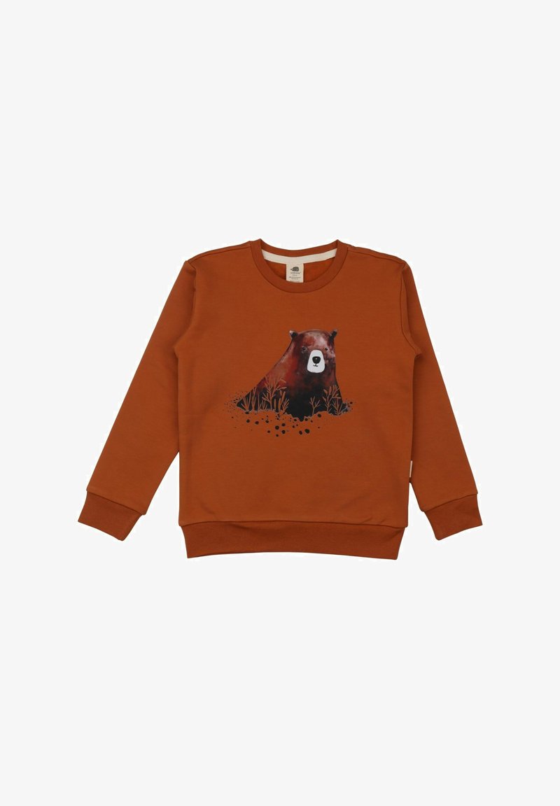 Orange sweatshirt with long sleeves and ribbed cuffs. Features a graphic of a bear among grass and splatter details on the front.