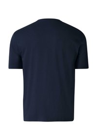 Granatowy t-shirt z krótkim rękawem wyłożony płasko, pokazujący tył z okrągłym dekoltem i prostym designem.