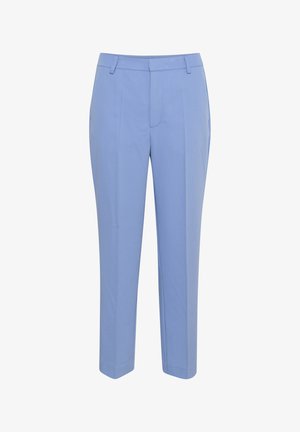 Light blue tailored trousers with a straight-leg cut, a flat front, and side pockets. Smooth texture and no visible patterns or accents.