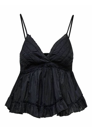 Svart ermeløs singlet med blonde detaljer, V-utsnitt, justerbare tynne stropper og volangkant.