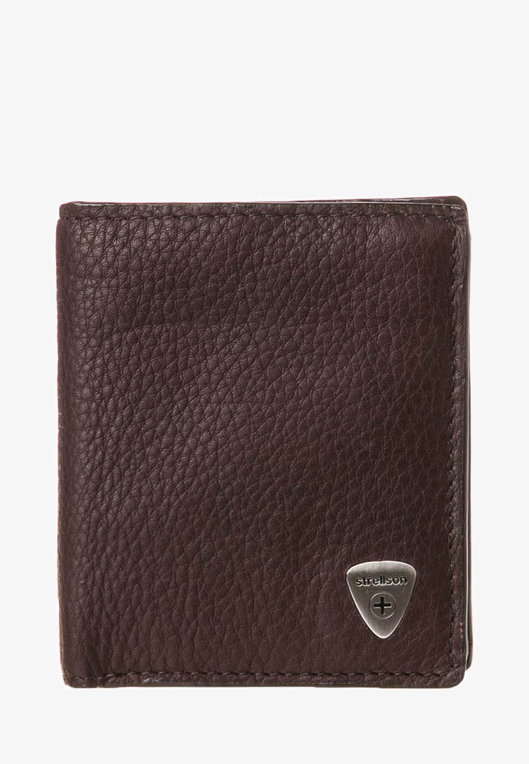 Portafoglio in pelle marrone con texture, caratterizzato da un logo triangolare argentato e un design piegato con cuciture visibili lungo i bordi.