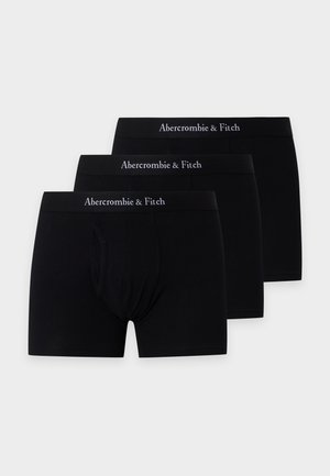 Drie zwarte herenboxershorts gestapeld, elk met een tailleband met het label "Abercrombie & Fitch" in witte tekst.