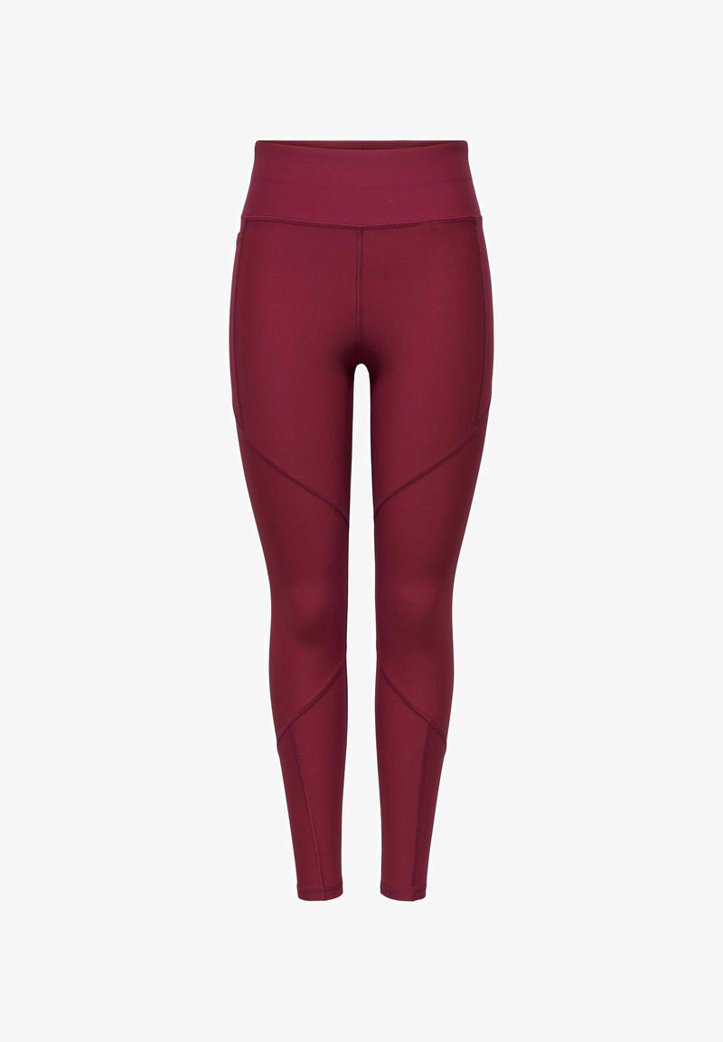 Burgunderfargade leggings med hög midja, slät textur och geometrisk sömnad för flexibilitet och stil. Lämpliga för atletisk klädsel.