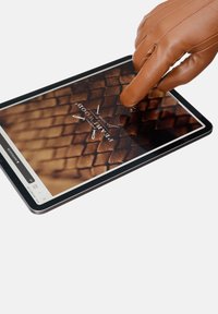 Hnědá kožená rukavice se dotýká tabletu s obrazovkou, na které je zobrazen texturovaný hnědý pozadí s logem a možnostmi menu ve spodní části.
