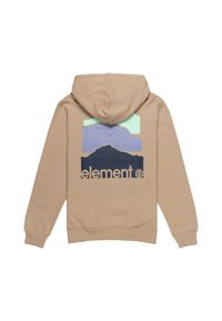 Hooded sweatshirt in light beige with a multicolored mountain graphic on the back. Features soft fabric and elastic cuffs.