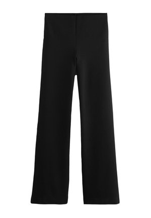 Sorte vidde bukser med høj talje, glat stof, ingen synlige lommer eller pynt, vist fladt på en hvid baggrund.