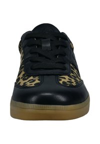 Black leather sneakers with leopard print accents, featuring a lace-up design, round toe, and a rubber sole for traction.