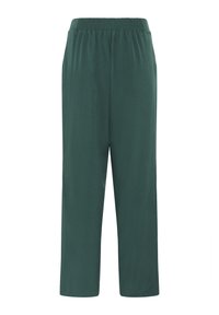 Pantalons en tissu léger vert foncé avec une taille élastique, présentant une coupe décontractée et une conception à jambes droites. Sans poches ni matériel visible.