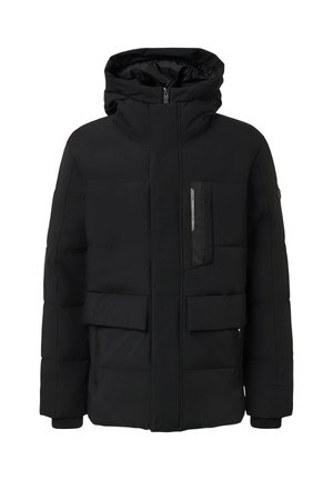 Schwarze Steppjacke mit Kapuze, ausgestattet mit einem Frontreißverschluss, zwei großen Taschen und einer Reißverschlusstasche an der Brust. Glatte Textur, minimalistisches Design.