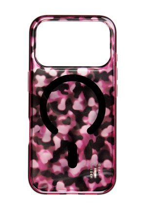 Telefoncover med pink, sort og hvid camouflage mønster og sort cirkulært magnetdesign til trådløs opladning.