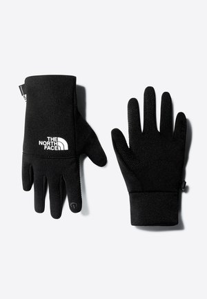 Mustade North Face kindapaari, üks näitab tagaküljel logot, teine peopesa külg tekstuursete haardepunktidega, valgel taustal.