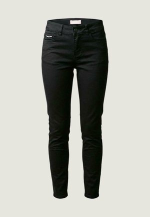 Jeans neri slim fit con cinque tasche, chiusura frontale con bottone e zip, mostrati su uno sfondo chiaro uniforme.