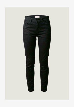 Jeans neri slim fit con cinque tasche, chiusura frontale con bottone e zip, mostrati su uno sfondo chiaro uniforme.