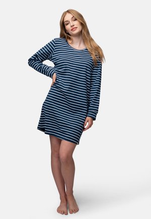 Abito a maniche lunghe blu navy con strisce orizzontali bianche. Collo rotondo, tessuto morbido, lunghezza fino al ginocchio, con spacchi laterali per una maggiore comodità.