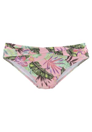Bikini unterteil mit pinker Grundfarbe, verziert mit einem tropischen Blatt- und Blumenmuster in Grün, Lila und Weiß. Glattes Material mit seitlichem Rüschendesign.