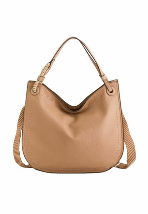 Brązowa torba na ramię ze skóry, z zaokrąglonym górnym brzegiem, plecionym detalem na jednym pasku oraz dodatkowym regulowanym plecionym paskiem przymocowanym.