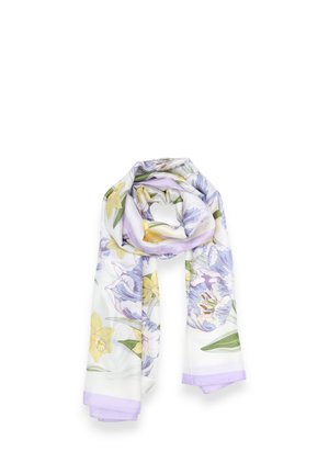 Sciarpa floreale leggera con narcisi giallo pastello, tulipani viola, foglie verdi e bordo lilla su sfondo bianco, piegato liberamente.