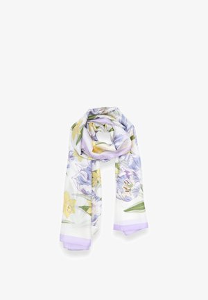 Sciarpa floreale leggera con narcisi giallo pastello, tulipani viola, foglie verdi e bordo lilla su sfondo bianco, piegato liberamente.