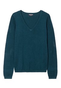 Pull col en V bleu sarcelle foncé avec manches longues en tricot ajouré texturé et corps uni, taille petite, étiquette de la marque Instinct.