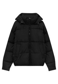 Svart vadderad jacka med zip-förfront, justerbar huva och sidofickor. Har en kviltad textur och elastiska mudd för ökad komfort.