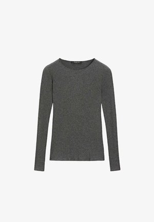 Gray long-sleeve ribbed knit sweater with a round neckline and a fitted silhouette. Made of soft fabric, flat seams, no visible hardware.