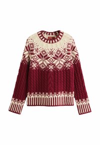 Pletený svetr v tmavě červené a krémové barvě s kulatým výstřihem. Obsahuje texturovaný kabelkový vzor a geometrické designy na hrudi a lemu.