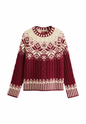 Strickpullover in Dunkelrot und Creme mit rundem Halsausschnitt. Verfügt über ein strukturiertes Kabelmuster und geometrische Designs auf der Brust und am Saum.