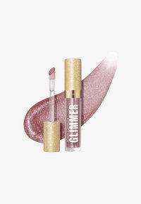 Revlon Super Lustrous Glimmer lipgloss i pink med en klar applicator, glansfuld finish og gylden shimmerhætte. Akkompagneret af en pink glimmer svaj.