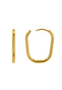 Goldene Creolen mit einem glatten, abgerundeten Design und einem sicheren Verschluss. Jede Ohrringe hat eine leicht ovale Form und ist poliert.