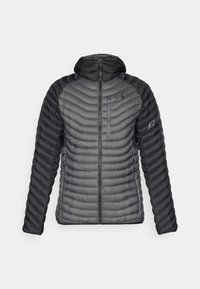 Veste isolante dans des tons de gris, avec capuche, motif en chevron, fermeture éclair sur le devant et poches latérales. Texture lisse avec des manches contrastées.