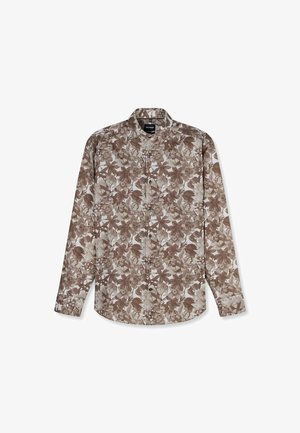 Camicia a maniche lunghe con bottoni, con motivo floreale marrone e beige e colletto classico.