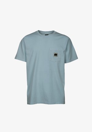 Light blue cotton t-shirt with a crew neckline, short sleeves, and a front pocket featuring a black elephant logo.